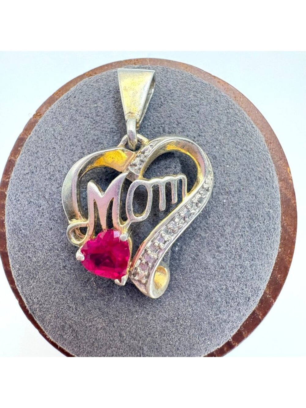 Red Cubic Zirconia Sterling Silver 925 Mom Heart Pendant Size 1'' Length